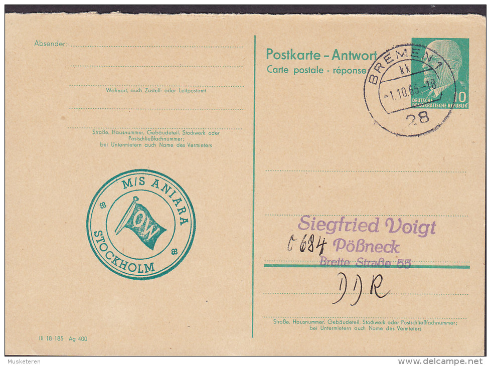 Germany DDR Postal Stationery Ganzsache Entier Antwort Schiffspost MS Aniara STOCKHOLM OW Line BREMEN 1965 - Cartoline - Usati