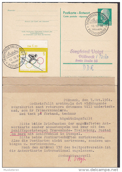 Germany DDR Uprated Postal Stationery Ganzsache Entier M. Antwort 1964 MS Trelleborg TRAVEMÜNDE-TRELLEBORG Olympic Games - Cartoline - Usati