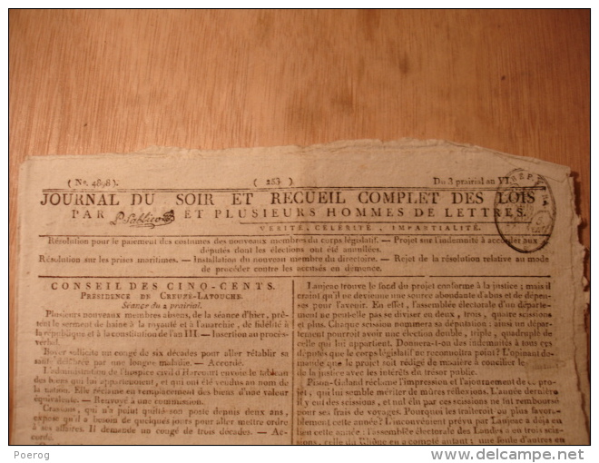 JOURNAL DU SOIR Du 22 MAI 1798 - LOUPS - INSURRECTION PRISON GRADE FORCE - FOLIE DEMENCE PRISES DANS LA MARINE Loup Wolf - Zeitungen - Vor 1800