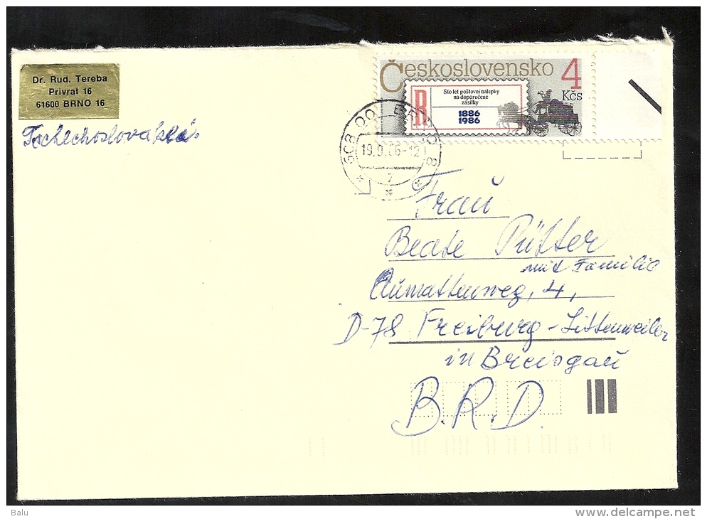 CSSR Ceskoslovensko Czechoslovakia 1986 Brief Einzelfrankatur Von Brno Nach Deutschland Michel Nr 2872 Yvert No. 2685 - Briefe U. Dokumente