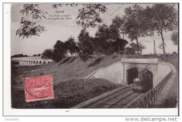 AGEN LE PONT CANAL ET LIGNE DU MIDI (TRAIN CIRCULANT)  1907 - Agen