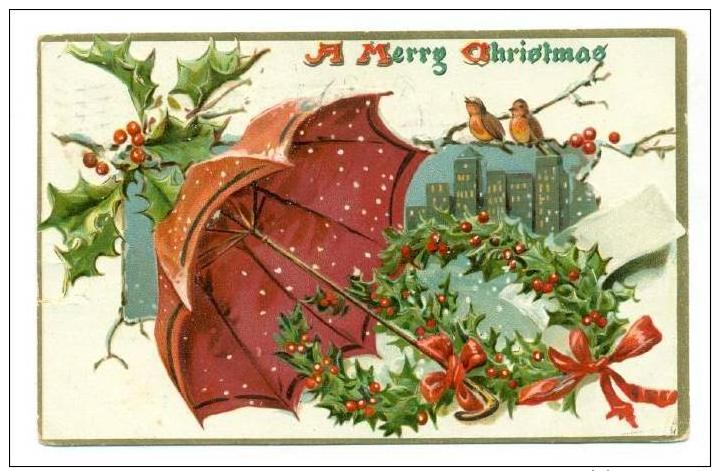 A Merry Christmas Greetings, A Decorated Umbrella With Ribbons &amp; Christmas Items, PU-1906 - Altri & Non Classificati
