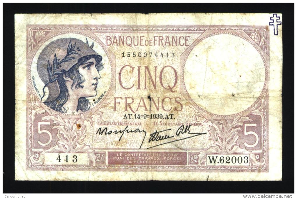 5 Francs Violet Avec Tampon "Croix De Lorraine" - 5 F 1917-1940 ''Violet''