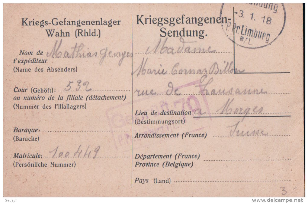 Kriegsgefangenensendung Censure 1918, Wahn - Morges CH (532) - Lettres & Documents