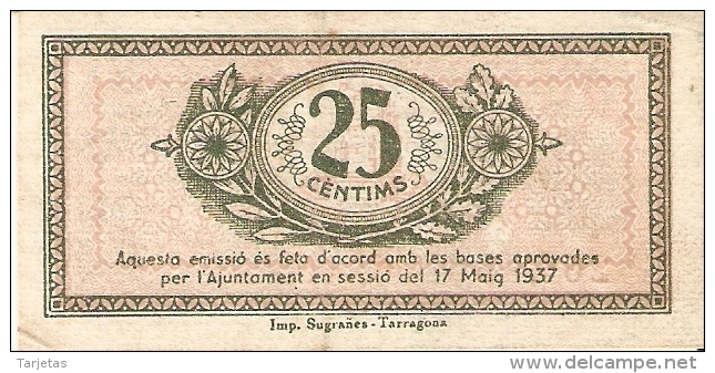 BILLETE DE 25 CTS DEL AJUNTAMENT DE TARRAGONA DEL AÑO 1937 (BANKNOTE) - Otros & Sin Clasificación