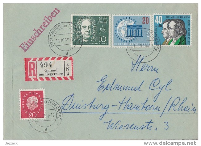 Bund R-Brief Mif Minr.304,315,325,Berlin 189 Gmund 15.10.59 - Briefe U. Dokumente