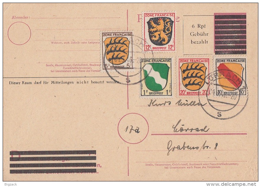 Fr. Zone Ganzsache Minr.PA 814 Zfr. Minr-1,3,6,8,10 Lörrach 4.3.46 - Sonstige & Ohne Zuordnung