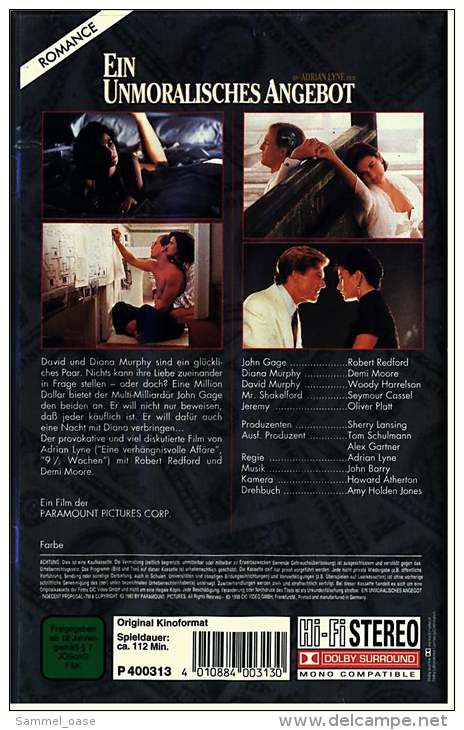 VHS Video  -  Ein Unmoralisches Angebot   -  Ein Mann , Eine Frau , Ein Milliadär , Ein Angebot  -  Von 1998 - Drama