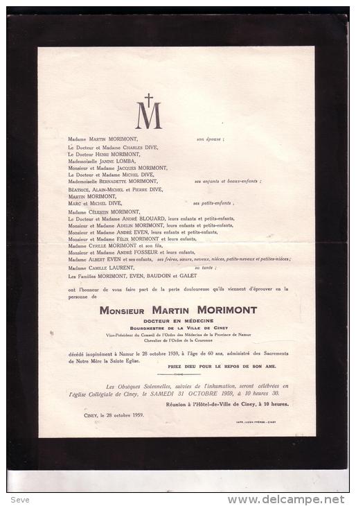 CINEY Bourgmestre Martin MORIMONT Médecin 1899-1959 Faire-part Mortuaire - Obituary Notices