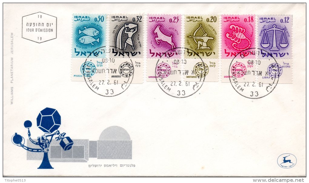 ISRAEL. N°192-7 Sur Enveloppe 1er Jour (FDC) De 1961. Signes Du Zodiaque/Tir à L'arc/Scorpion/Poisson. - Astrologie