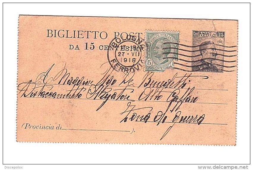 XW 1052 Biglietto Postale Da 15 Centesimi - Aggiunta Di 5 Centesimi - Zona Di Guerra Alto Caffaro - Annullo Bologna 1918 - Marcophilia