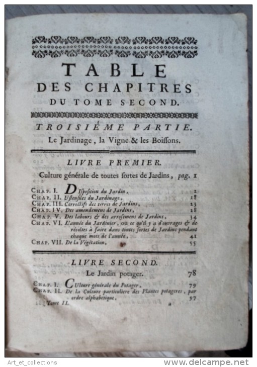 MAISON RUSTIQUE   / 2è tome illustré de 1755 / Jardins,  Vigne, Chasse, etc