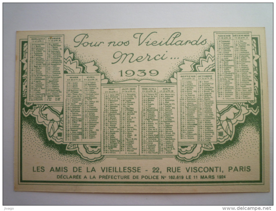 Calendrier  1939  :  Pour Nos  VIEILLARDS  Merci - Groot Formaat: 1921-40