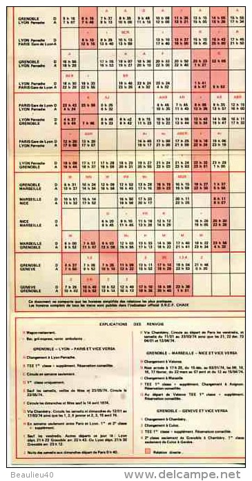 SNCF    HORAIRES  HIVER 1973/1974     FRENOBLE...VIA LYON, PARIS,MARSEILLE NICE GENÈVE - Europa