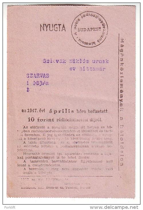 Hungarian Radio Subscription Invoice 1947 Abonnement De Radio Hongroise - Sonstige & Ohne Zuordnung