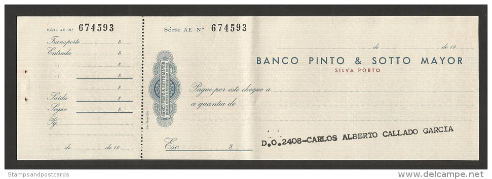 Angola Portugal Timbre Fiscal $20 Cheque Bancaire Banco Pinto & Sotto Mayor Silva Porto Stamped Revenue $20 Bank Check - Lettres & Documents