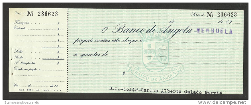 Angola Portugal Timbre Fiscal $20 Cheque Bancaire Banco De Angola Benguela Stamped Revenue $20 Bank Check - Lettres & Documents