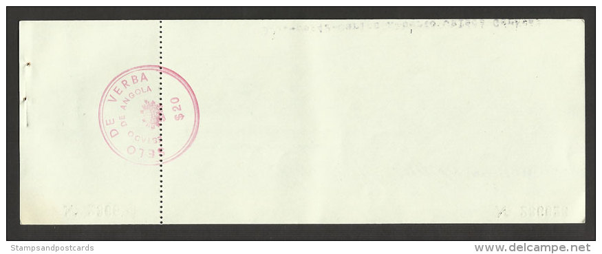 Angola Portugal Timbre Fiscal $20 Cheque Bancaire Banco De Angola Benguela Stamped Revenue $20 Bank Check - Lettres & Documents