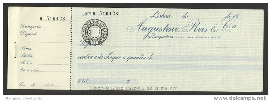 Portugal Timbre Fiscal Fixe $10 Cheque Bancaire Augustine, Reis & C.ª Stamped Revenue $10 Bank Check - Lettres & Documents