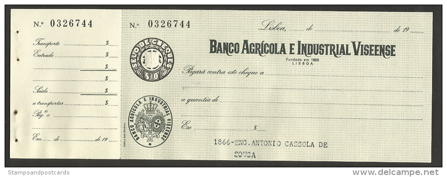 Portugal Timbre Fiscal Fixe $10 Cheque Bancaire Banco Agrícola E Industrial Viseense Stamped Revenue $10 Bank Check - Cartas & Documentos