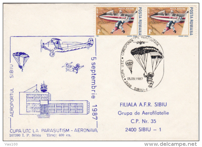 PLANES, PARACHUTING, SPECIAL COVER, 1987, ROMANIA - Parachutespringen