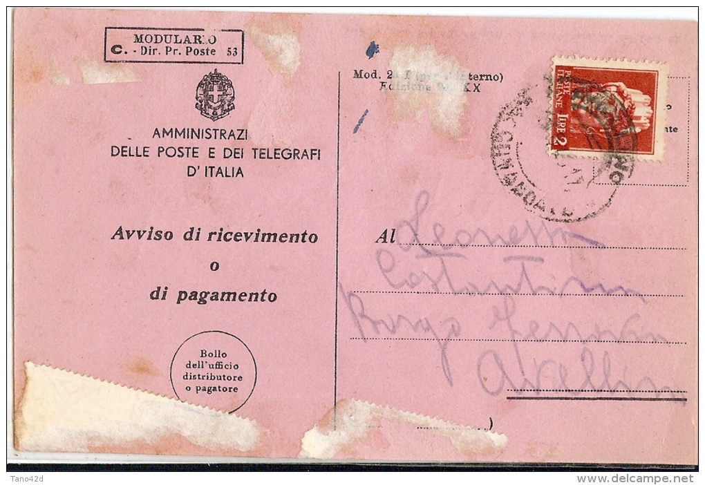 LIT 12 - ITALIE LIEUTENANCE TURRITA 2L SUR FORMULAIRE D'AVIS DE RECEPTION AVELLINO AOÛT 1945 - Sonstige & Ohne Zuordnung