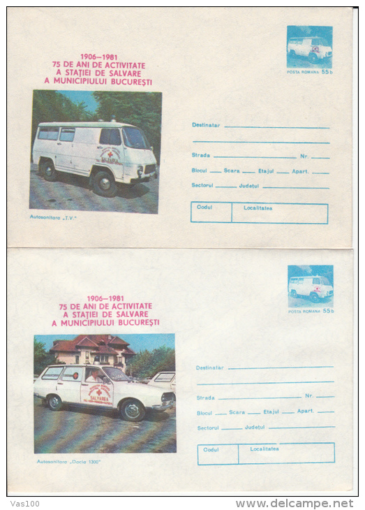 FIRST AID, AMBULANCE, CAR, COVER STATIONERY, ENTIER POSTAL, 2X, 1981, ROMANIA - First Aid