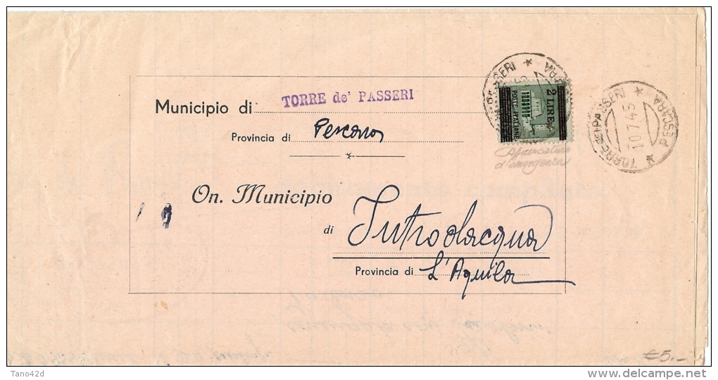 LIT 12 - ITALIE LIEUTENANCE MONUMENTI SUR LETTRE  MAIRIE TORRE DE PASSERI REUTILISE PAR MAIRIE INTRODACQUA  7/1945 - Autres & Non Classés