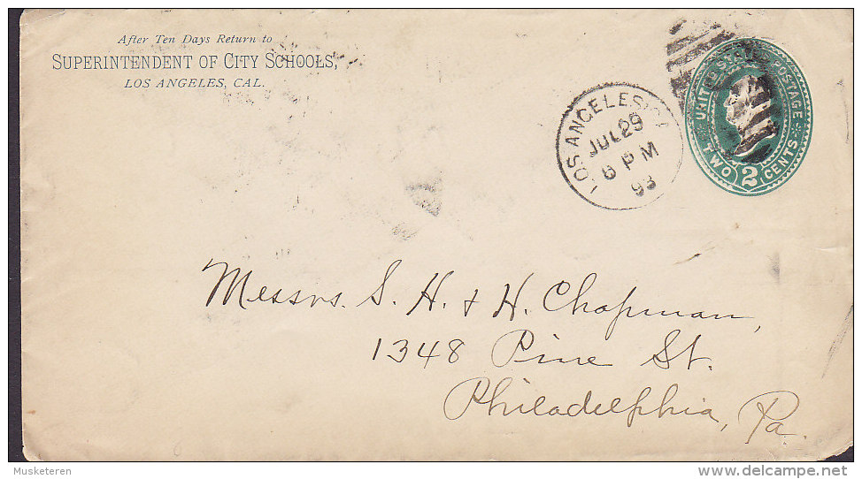 United States Postal Stationery Ganzsache Entier Private Print SUPERINTENDENT Of CITY SCHOOLS, LOS ANGELES 1893 Cover - ...-1900