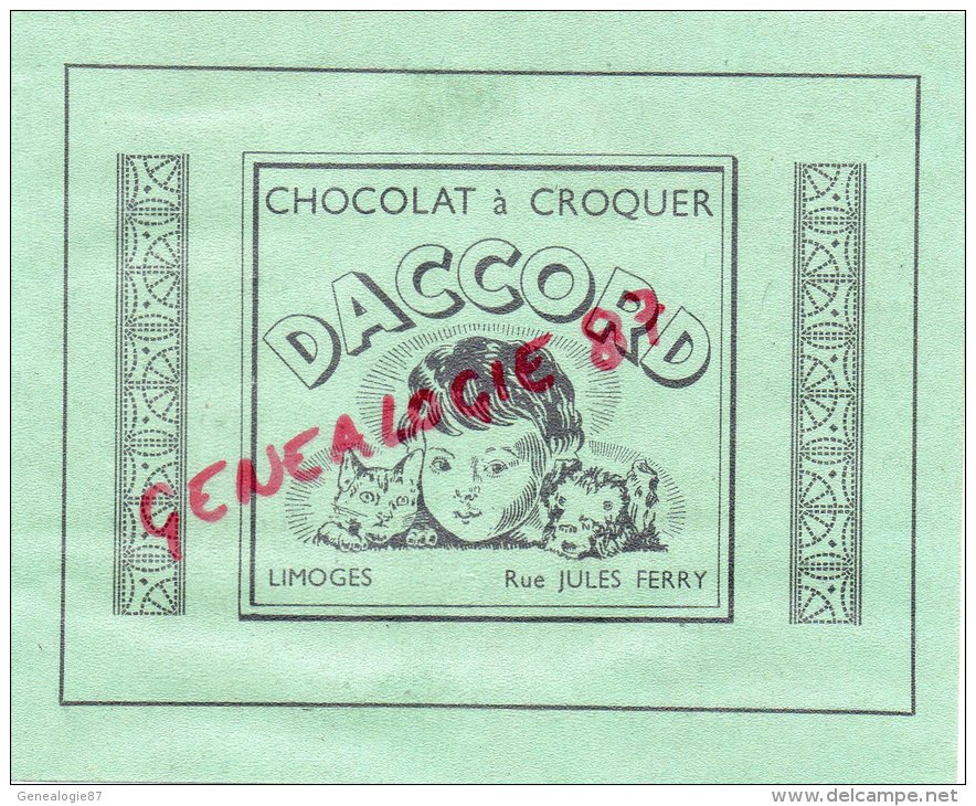 87 - LIMOGES - PUBLICITE  CARTONNEE CHOCOLAT DACCORD - RUE JULES FERRY - FOIRE EXPO 1949-  MODES DU CHAT NOIR MARY RICCI - Werbung