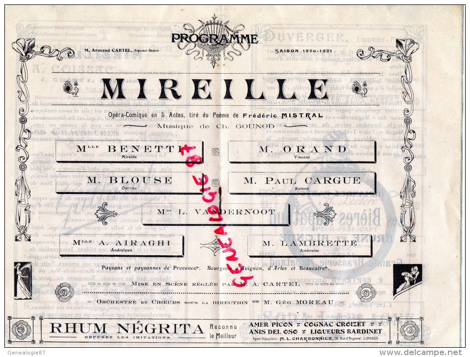 87 - LIMOGES - PROGRAMME THEATRE MUNICIPAL DIR. CAZAUTETS SAISON 1920-1921- MIREILLE DE GOUNOD - Programme