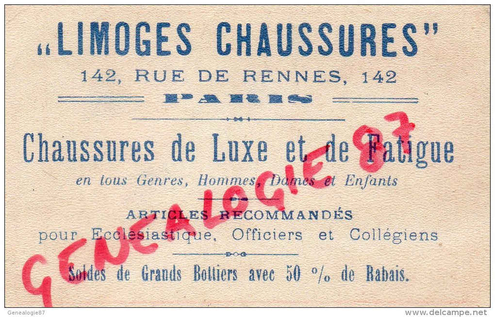 87 - LIMOGES - CARTE PUBLICITAIRE LIMOGES CHAUSSURES 142 RUE DE RENNES PARIS - LETTRE Z - Publicidad