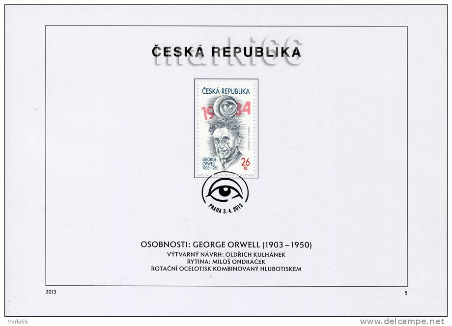 Czech Republic - 2013 - 110 Years Since Birthday Of George Orwell - FDS (first Day Sheet) - Briefe U. Dokumente