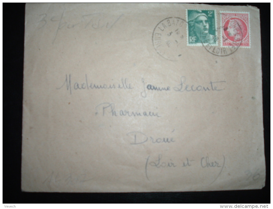 LETTRE TP MARIANNE DE GANDON 2F + CERES DE MAZELIN 1F OBL. 3-1-46 LA BAZOCHE-GOUET (28 EURE ET LOIR) 3EME JOUR TARIF - 1945-54 Marianne Of Gandon