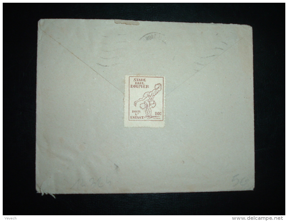 LETTRE TP PETAIN 1F50 OBL.MEC. 9 VIII 44 LONS LE SAUNIER (39 JURA) + VIGNETTE STADE PAUL DOUMER  ENFANT SIGNEE POULBOT - Cartas & Documentos