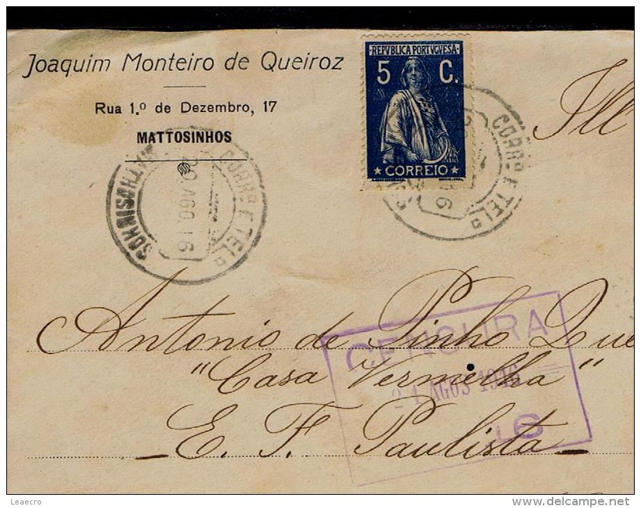 PORTUGAL Mattosinhos Censor Ww1 Censura Cover  21-08-1916 Brazil Pirassununga Gc1493 - 1. Weltkrieg