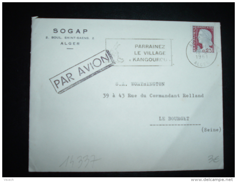 LETTRE PAR AVION TP MARIANNE DE DECARIS 0,25F OBL.MEC. 16-2-1961 ALGER RP ALGER + KANGOUROU + SOGAP - 1960 Marianna Di Decaris