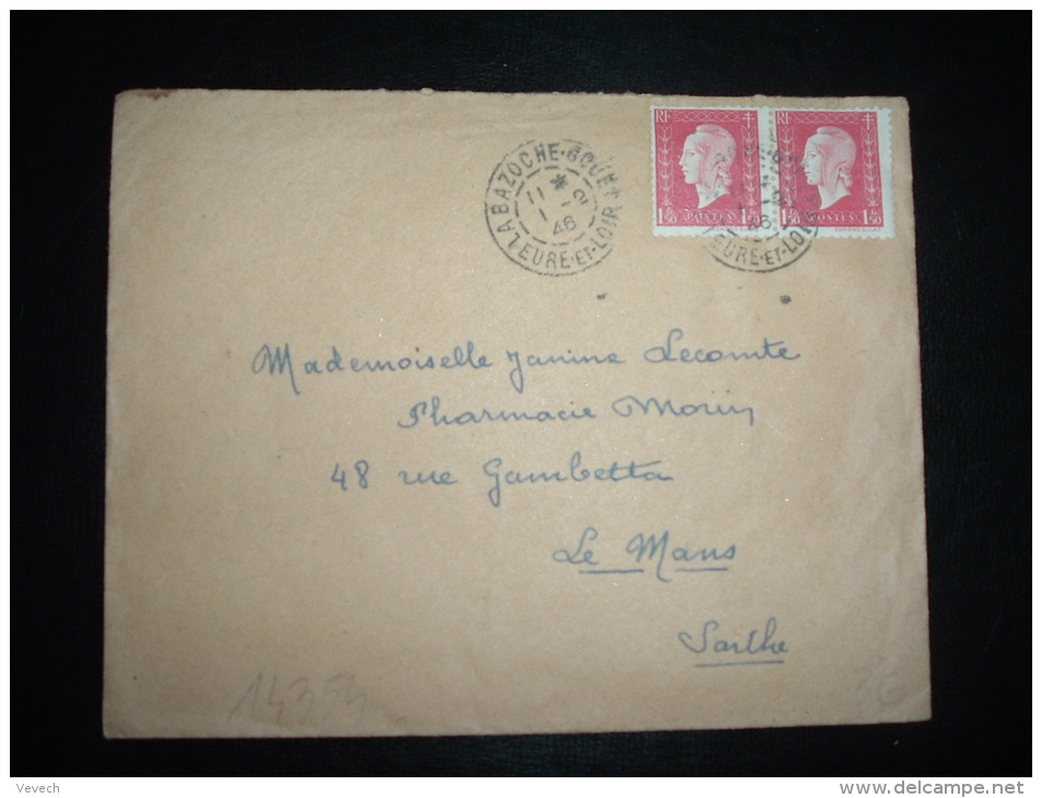 LETTRE TP MARIANNE DE DULAC 1F X2 OBL. 1-2-46 LA BAZOCHE-GOUET (28 EURE ET LOIR) - 1944-45 Marianna Di Dulac