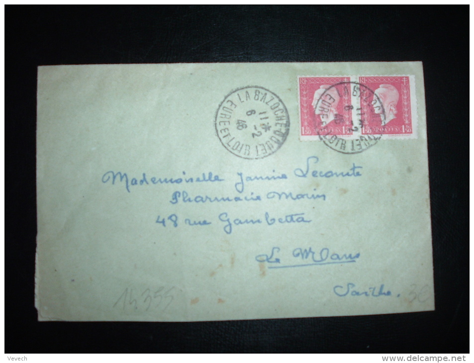 LETTRE TP MARIANNE DE DULAC 1F X2 OBL. 6-2-46 LA BAZOCHE-GOUET (28 EURE ET LOIR) - 1944-45 Marianne Of Dulac