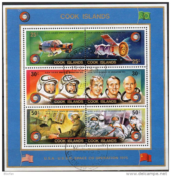 Apollo Sojus Raumfahrt 1975 Cook Islands Block 46 O 6€ Astronaut Leonow Blocchi Space Bloc Cosmos Se-tenant Of Oceanien - Cook