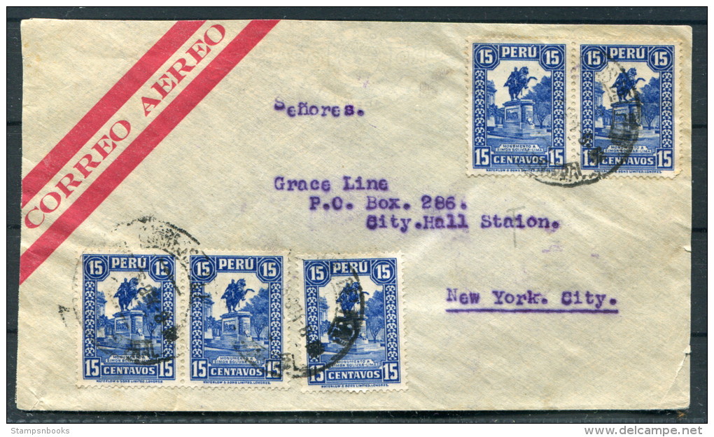 Peru Airmail Luftpost Aereo Cover To Grace Line (Shipping) New York USA - Perú