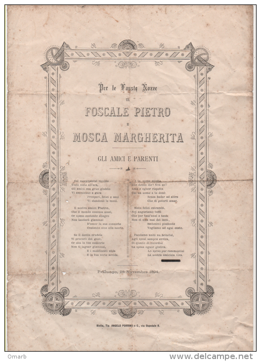 Alt369 Matrimonio, Marriage, Mariage, Fauste Nozze, 1894, Documento Storico, Regno D´italia Hystorical Document - Annunci Di Nozze