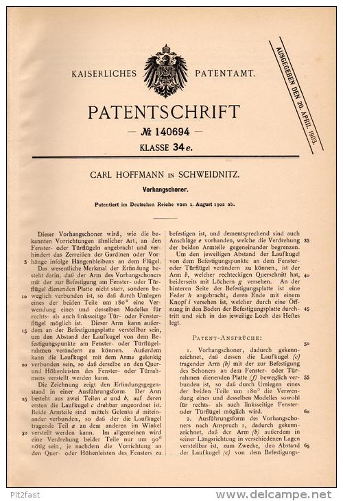 Original Patentschrift - C. Hoffmann In Schweidnitz / Swidnica I. Schl., 1902 , Vorhangschoner , Fenster , Türen  !!! - Historical Documents