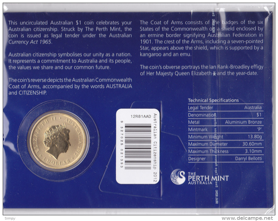 AUSTRALIA 1 Dollar 2012 Citizenship Coin Card Original Folder UNC - Mint Sets & Proof Sets