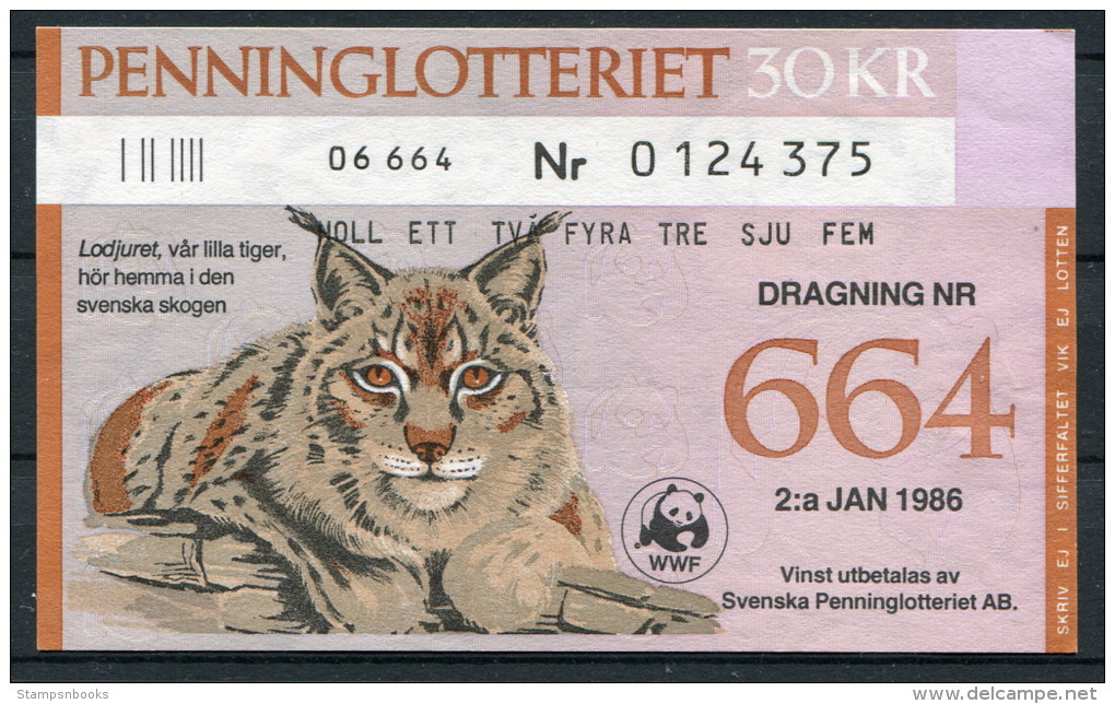 1986 Sweden 30 Kr Penninglotteriet Lottery Ticket - WWF - Lynx - Lotterielose