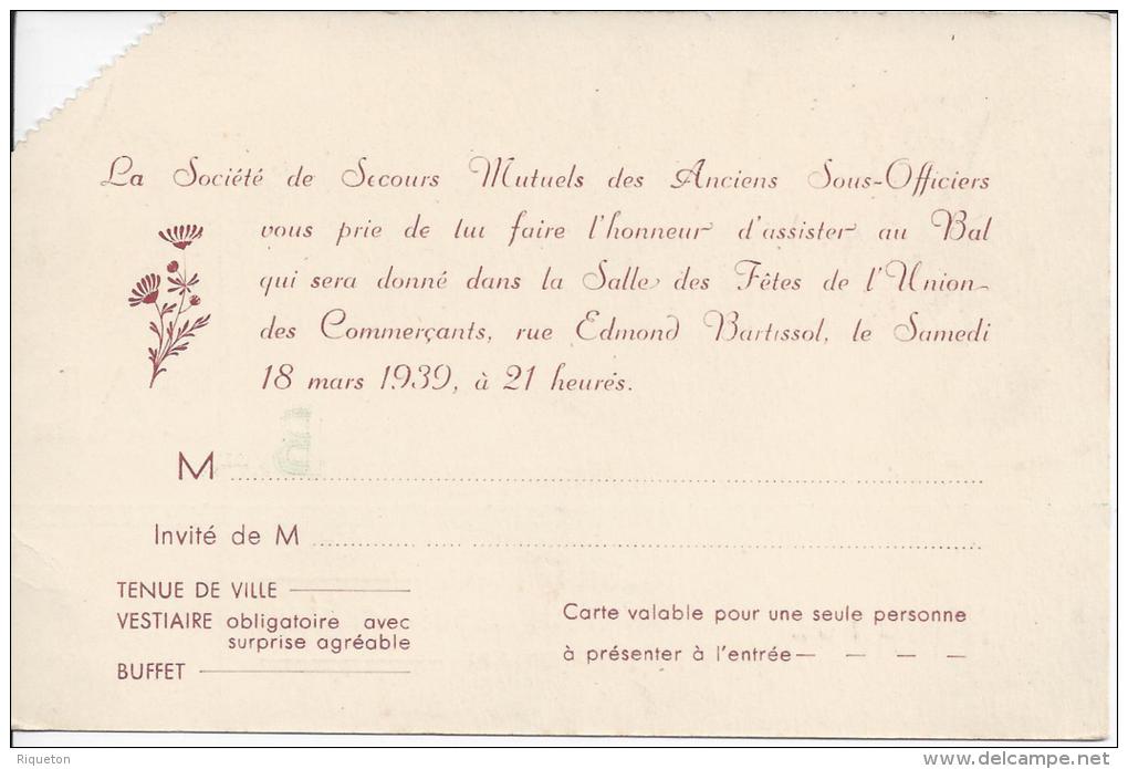 1939 -  66 - P.O -  CARTE D´ INVITATION , DE LA SOCIETE DE SECOURS MUTUELS DES ANCIENS SOUS OFFICIERS DE PERPIGNAN - - Non Classés