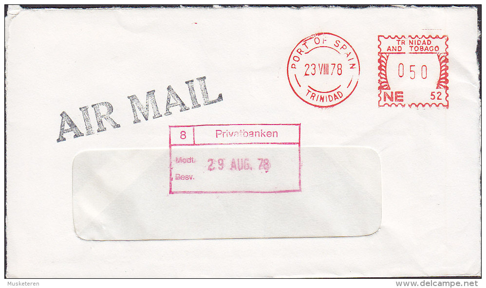 Trinidad & Tobago Airmail PORT OF SPAIN Meter Stamp 1978 Cover To PRIVAT BANKEN (BANK) Denmark - Trinidad & Tobago (1962-...)