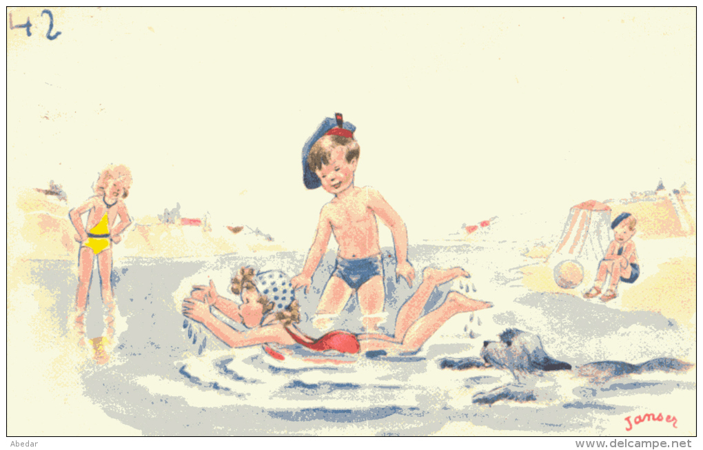 Janser Signe Illustrateur Swimming Enfants  Chien  Postcard Cpa. 1955 - Janser