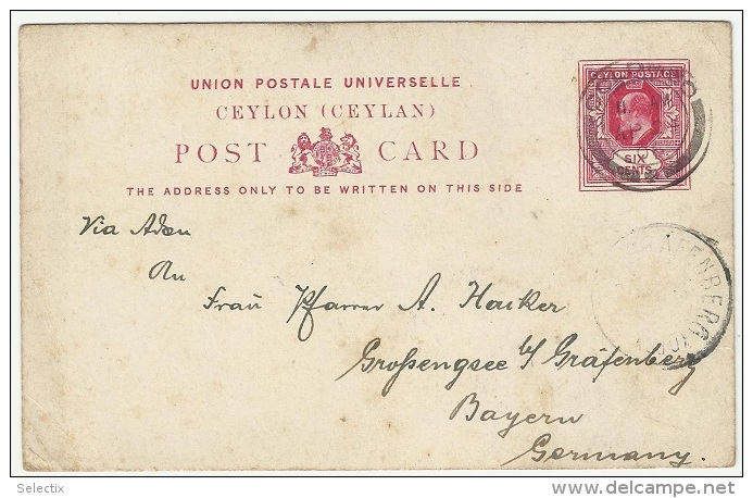 Sri Lanka - Ceylon 1906 Postal Card - Colombo To Bavaria Germany - Ceylan (...-1947)