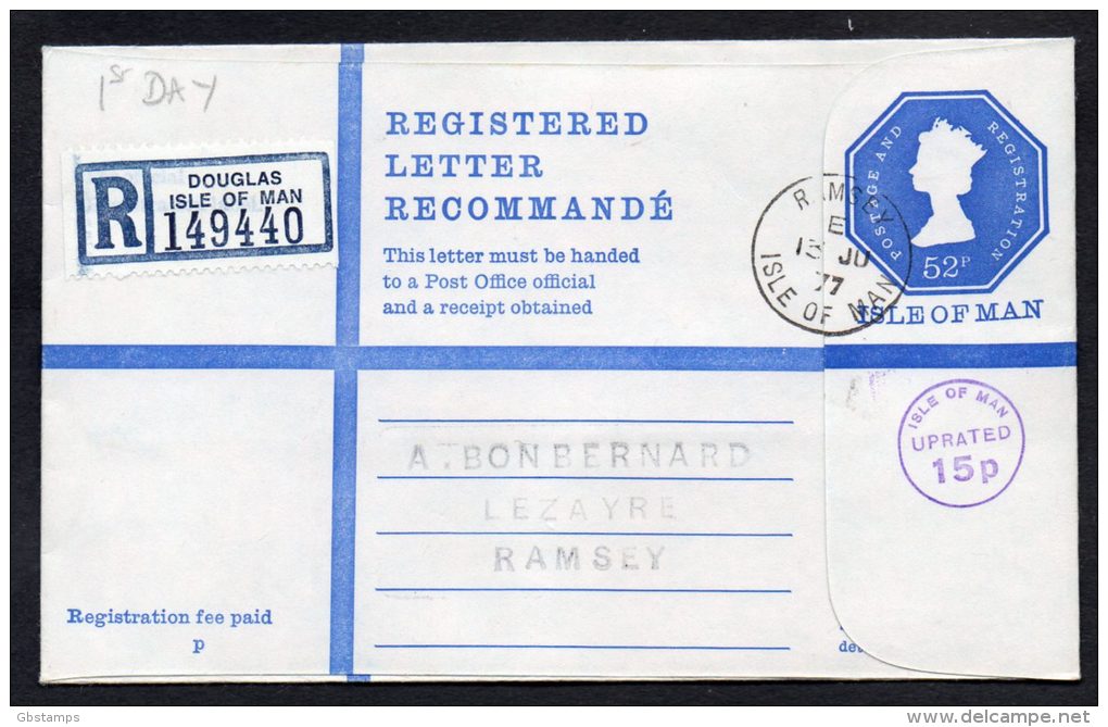 1977 52p Registered Letter With 15p Uprating-Isle Of Man First Dat CDS See Scan - Stamped Stationery, Airletters & Aerogrammes